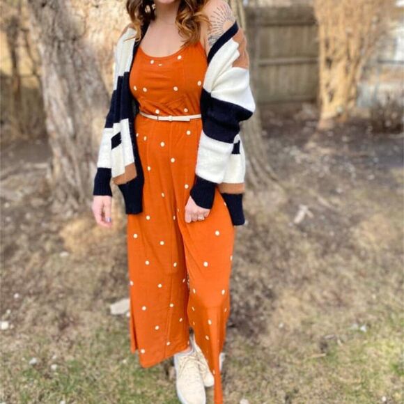 NEW LuLaRoe Leola Wide Leg Cami Jumpsuit Orange Pumpkin Polka Dot White NWT BOHO - Picture 6 of 9